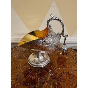 Victorian Silverplate Bridal Basket 5” Swing Handle Gold Gilt Interior